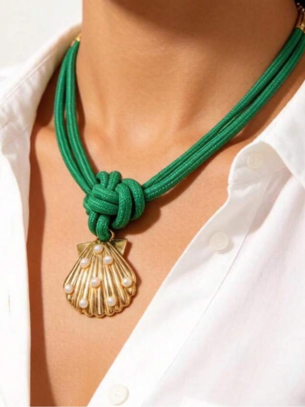 Coastal Green Cord Necklace with Gold Shell Pendant